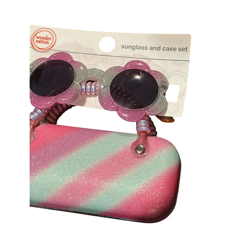 Wonder‎ Nation Girls Flower Sunglasses, Glitter Hard Case Pink Blue Colorful NWT